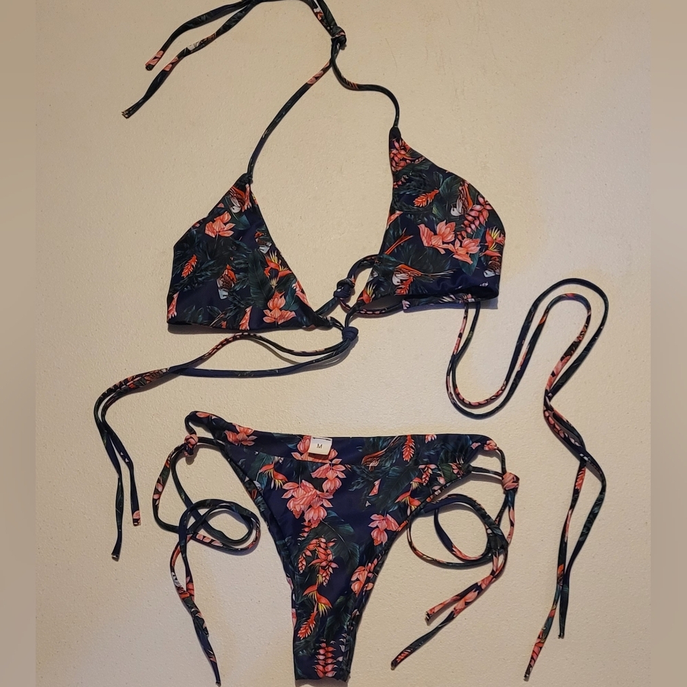 Tropical String Bikini Set, Dark Blue with Vibrant Birds, Flowers, & Plants, Med